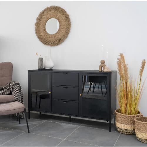 Dalby Skænk i Sort Stål med 2 Glaslåger og 3 skuffer fra House Nordic | 140x40x85 cm
