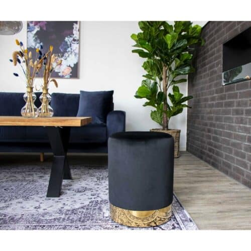 Gamby puf i sort velour med messing kant fra House Nordic | ø34x43 cm