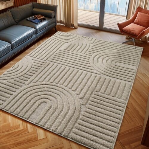 Delilah Beige Gulvtæppe med Mønster af Buede Linjer fra Rugs by Uniquebeds Home & Living | Flere Størrelser i Firkantet & Rund