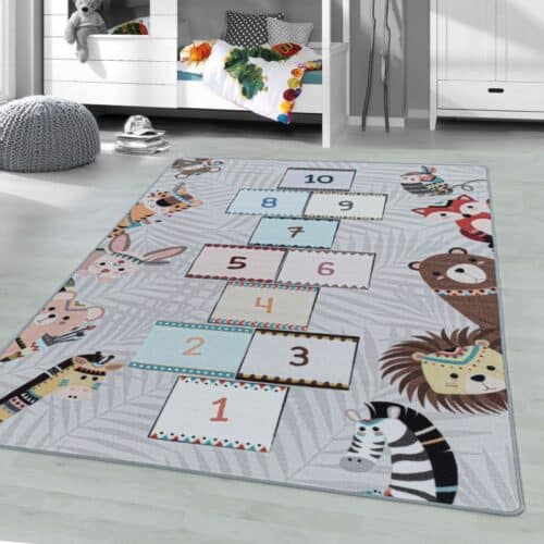 Gråt Børne Gulvtæppe med Tal & Dyr fra Rugs by Uniquebeds Home & Living | Flere Størrelser