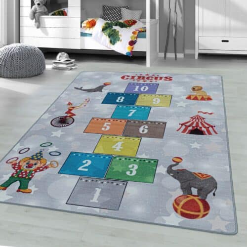 Gråt Cirkus Børne Gulvtæppe med Tal fra Rugs by Uniquebeds Home & Living | Flere Størrelser