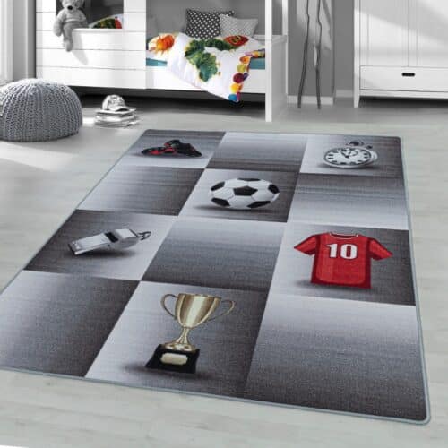 Gråt Fodbold Børne Gulvtæppe fra Rugs by Uniquebeds Home & Living | Flere Størrelser