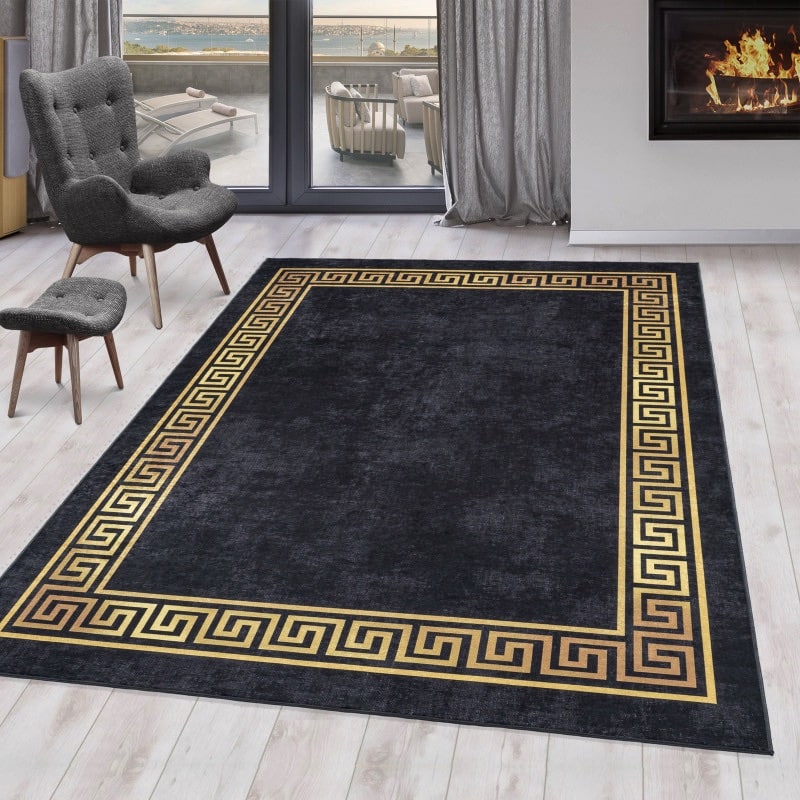 Jennifer Gulvtæppe i Sort med Græsk Inspireret Design fra Rugs by Uniquebeds Home & Living | Flere Størrelser