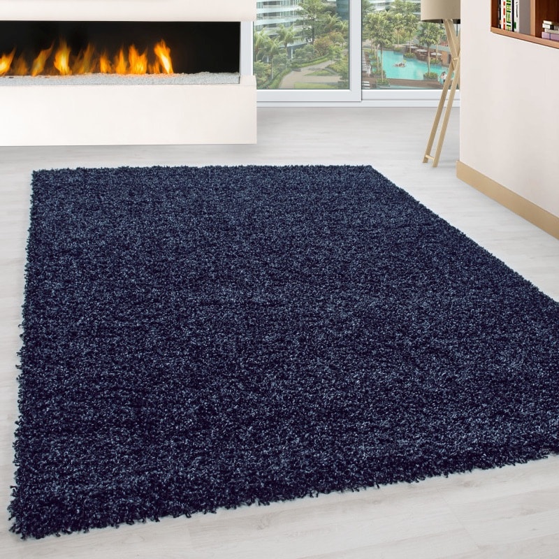Luna Ensfarvet Fluffy Gulvtæppe i Navy Blå fra Rugs by Uniquebeds Home & Living | Flere Størrelser i Firkantet & Rund
