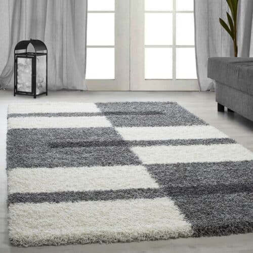 Riley Gulvtæppe i Beige & Grå med Mønster af Blokke & Lysegrå Striber fra Rugs by Uniquebeds Home & Living | Flere Størrelser i Firkantet & Rund