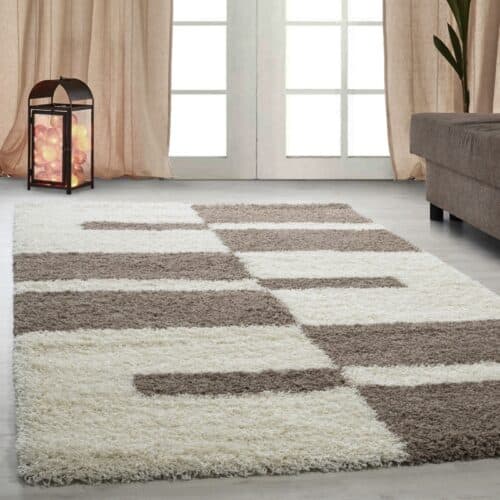 Riley Gulvtæppe i Beige & Brun med Mønster af Blokke & Beige Striber fra Rugs by Uniquebeds Home & Living | Flere Størrelser i Firkantet & Rund