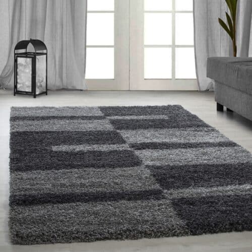 Riley Gulvtæppe i Beige & Grå med Mønster af Blokke & Mørkegrå Striber fra Rugs by Uniquebeds Home & Living | Flere Størrelser i Firkantet & Rund