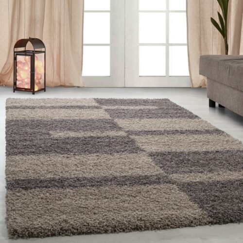 Riley Gulvtæppe i Beige & Grå med Mønster af Blokke & Taupe Striber fra Rugs by Uniquebeds Home & Living | Flere Størrelser i Firkantet & Rund