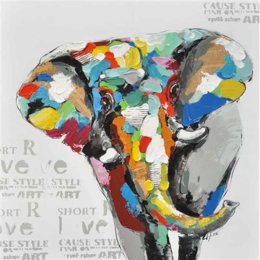 Håndmalet Oliemaleri Med Farvet Elefant Motiv P300106B Fra Hundevad & Co | 100X100 Cm - 5114