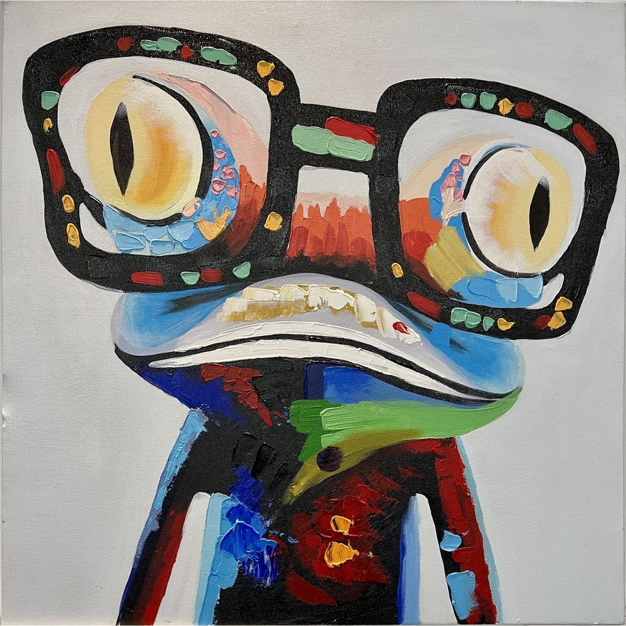 Oliemaleri Med Motiv Af Øgle Med Briller Fra Hundevad & Co | 50X50 Cm - 5813