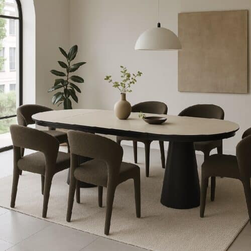 Pearl Spisebord i Light Grey/Beige Marmorlook Bordplade med Udtræk & Sorte Ben/Stel fra Lexpo Living | Ø110 - 240x110 cm