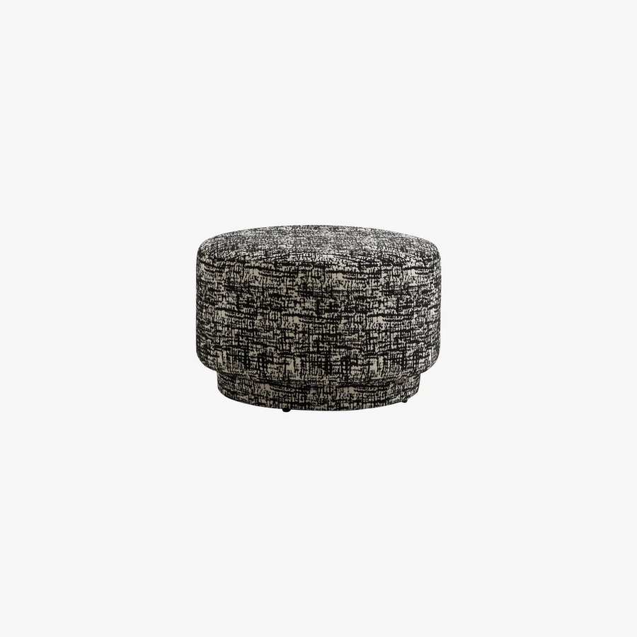 BOMU Puf i Sort & Hvid Møbelstof med Bund i Akacietræ fra Nordal | Ø66x40 cm hos uniquebeds, home & living - Billede 1