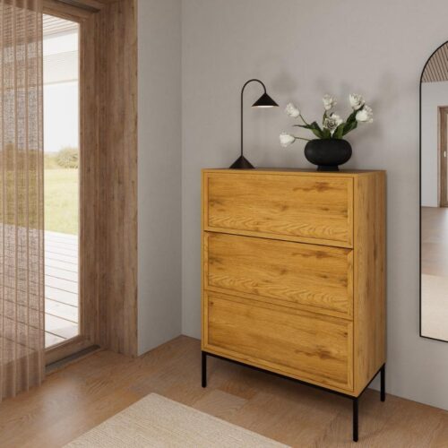Palmdale Kommode i Mat Vild Eg Melamin med Skub For At Åbne Funktion & Stel i Mat Sort Stål fra Actona | BDH 80x40x110 cm - Billede 1